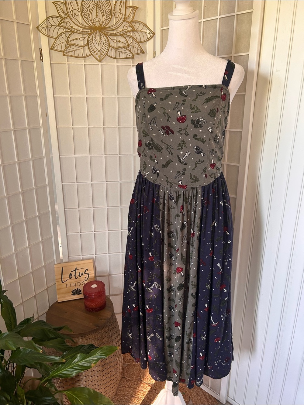 Boho Cottagecore Mushroom Print Maxi Dress Size S/M